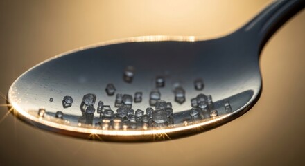 Sugar crystals sit inside a silver spoon in a macro photography shot.