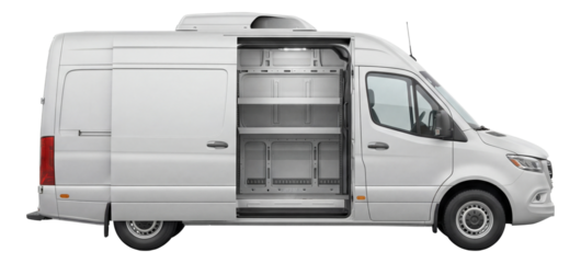 Cargo van featuring a sliding side door and rooftop AC unit.