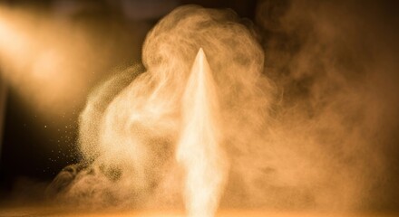 An abstract shape emerging from a golden color dust explosion.