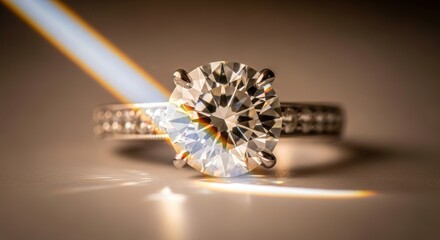 A beautiful diamond ring, perfect as engagement jewelry, showcases stunning prismatic light