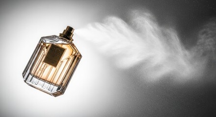 A perfume bottle releases a fragrance spray, symbolizing a luxury product.