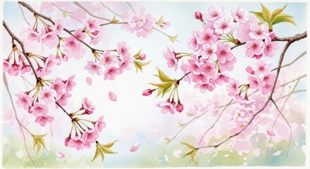 Cherry blossom branches in a watercolor painting style create a floral scene.