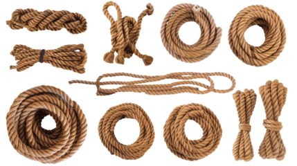 Set of thick brown ropes in various arrangements isolated on a white background