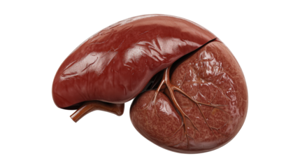 A close-up of a liver with a red vein, isolated on a transparent background