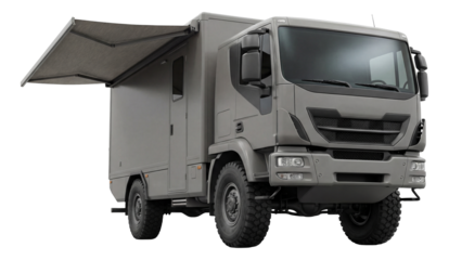 Extended wheelbase service vehicle with side awning for shaded workspace.