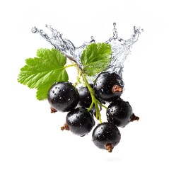 A vibrant blackcurrant fruit with water splash isolated on a white background.