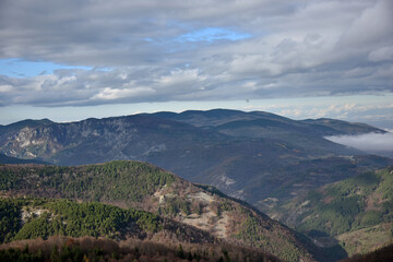 Fototapeta premium Mountain landscape peaks needles trees pines shrubs autumn foliage forest flora nature blue sky white cirrus and cumulus clouds