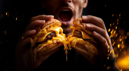 Creative food lifestyle concept. Half of man face with open mouth ready to eat, holding delicious burger filled with melted cheese dripping, dark background with sparks. copy text space