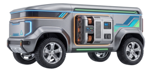 Mobile research unit featuring built-in power generator and vibrant color markings.