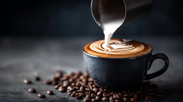 Close up of latte art being poured in a ceramic mug surrounded by coffee beans