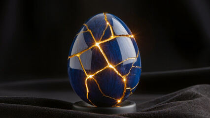 A glossy dark blue egg repaired with glowing golden cracks in the traditional Japanese Kintsugi style. The egg stands on a dark pedestal against a black background. Concept of healing, resilience, fin