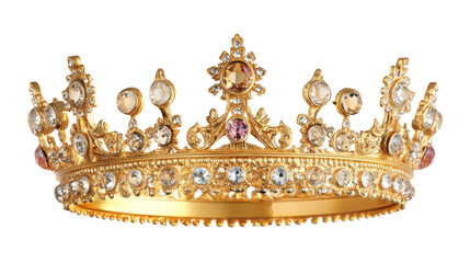 A gold and crystal crown with pink stones, isolated on a transparent background