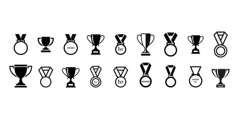 Variety of medals and trophies on black background for awards