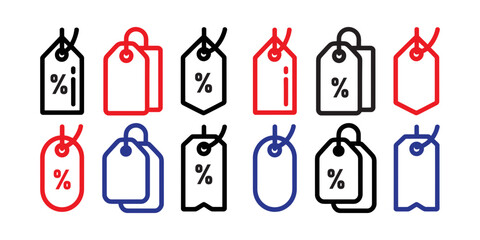 Discount tags and percentage symbols in neon colors on black background