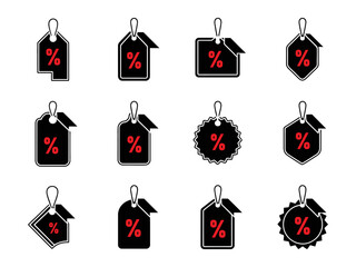 Discount and percentage symbols in bold red and white on black