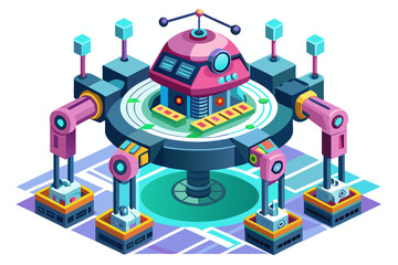 High-tech holographic robotic assembly system on white background