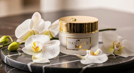 Luxury skincare jar surrounded by white orchid flowers for elegant product photography.
