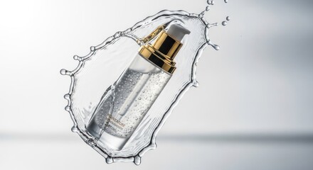 A luxury skincare serum cosmetic bottle is suspended within a dynamic water splash, symbolizing