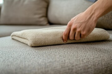 Close up of hand cleaning fabric sofa with microfiber cloth