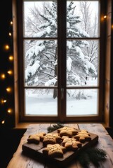 Snowy forest landscape seen through a wooden window frame on a cold winter day