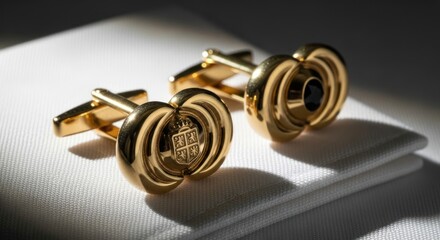 Elegant gold cufflinks are presented as formal wear and a luxury accessory.