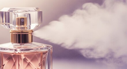 A close-up of a luxury cosmetics perfume bottle releasing a delicate fragrance mist.