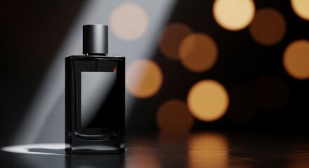 A black perfume bottle is showcased with dramatic lighting and elegant golden bokeh effects.