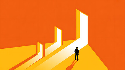 Man choosing between multiple open doors representing opportunities