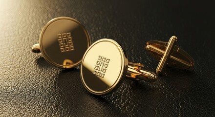 Elegant gold cufflinks, a luxury accessory, resting dramatically on a textured black leather