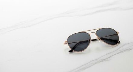 Luxury aviator sunglasses with a gold frame rest elegantly on a pristine white marble surface.