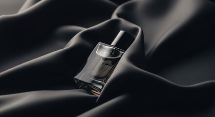 A perfume bottle presents luxury fragrance lying on black silk.