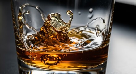 A whiskey splash freezes mid-air inside a liquor drink, creating an exquisite alcohol beverage.