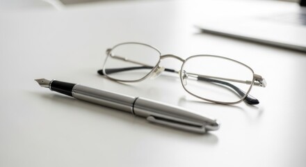A fountain pen and reading glasses rest on a clean white surface.