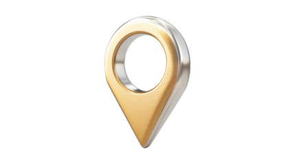 A gold and silver-shaped pin that looks like a map point, isolated on a transparent background