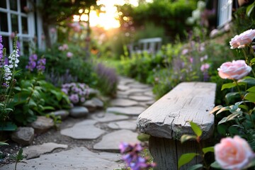 A flagstone path winds through a cottage garden filled with blooming flowers. The sun sets, casting a warm light. A wooden bench sits near the path, inviting rest in the beauty of nature