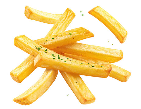 A close-up shot of golden, crispy, and savory fried potato sticks sprinkled with herbs