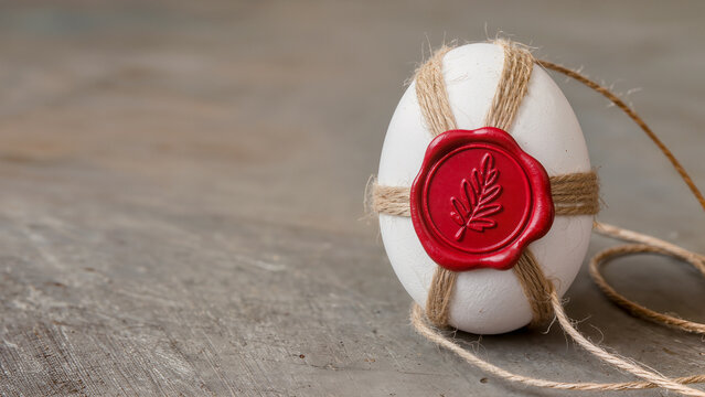 : A clean, minimalist shot of a white egg tied with natural jute twine and decorated with a bright red wax seal featuring a leaf pattern. The egg rests on a rustic gray stone or concrete surface. A po - Powered by Adobe