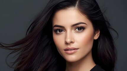 Naklejka premium Portrait of Serenity: A captivating portrait of a woman with flowing dark hair and a serene gaze against a simple backdrop. A celebration of beauty and poise