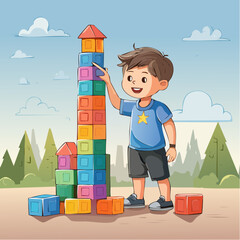 Little Boy Building a Tower with Blocks 1