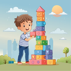 Little Boy Building a Tower with Blocks 2