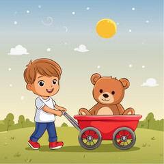 Little Boy Pulling His Teddy Bear in a Red Wagon 5