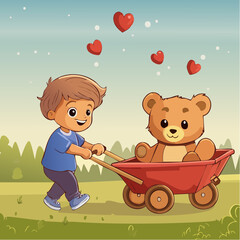 Little Boy Pulling His Teddy Bear in a Red Wagon 7