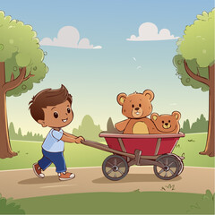 Little Boy Pulling His Teddy Bear in a Red Wagon 6