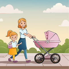 Vector Image:  Mother Pushing a Baby Carriage to Town with Her Little Girl 10