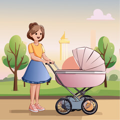 Vector Image:  Mother Pushing a Baby Carriage to Town 9