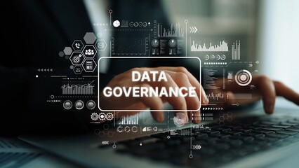 Data Governance Concept with Hands Typing on Laptop Surrounded by Digital Infographics and Statistics. Asymptotic smart data analytic.