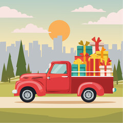 Vintage Red Truck Loaded with Colorful Gifts 19