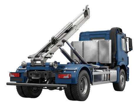 Hooklift truck featuring an extendable hydraulic arm and metal container mounts.