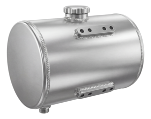 Oval aluminum fuel tank featuring welded seams and integrated mounting flanges.