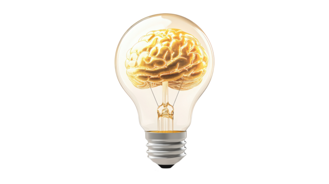 A light bulb with a brain inside of it, isolated on a transparent background - Powered by Adobe